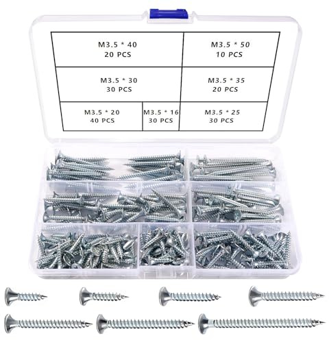VooGenzek 180 Pièces Kit de Vis à Bois - M3.5, Vis Cruciformes, Autotaraudeuses, Pour Cloisons Sèches et Meubles En Bois, Argent
