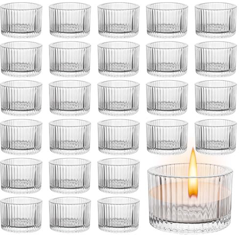 LOLYSIC 24Pcs Tea Light Candle Holders, Clear Ribbed Glass Tealight Candle Holders, Small Vintage Votive Candles Glass Tealight Holder for Wedding Party Celebrations Home Room Table Centerpiece Décor