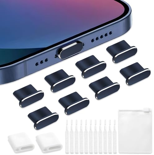 VEINARDYL 8 pcs Dust Plug for iPhone, USB C Charging Port Protector Cap with 10 Cleaning Brush, Headphone Jack Dust Plug Charger Cover compatible with iPhone 15/16 Plus Pro Max iPad 10th - Dark blue