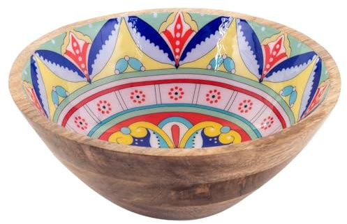Plat de Service décoratif en Bois de Manguier, Thème Mandalas Indiens colorés, diamètre 25 cm