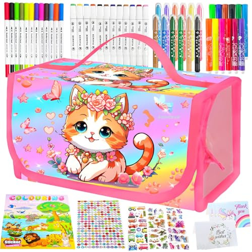 SUNXBUK Geschenke für Mädchen 3-10 Jahre,Mädchen Geschenk,64 Stück Malset für Kinder,Spielzeug ab 4 jahre Madchen,Filzstifte Glitzerstifte,Federmäppchen,Spielzeug für 3 4 5 6-10 Jahre Kinder(Katze)