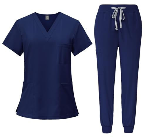 Yunshenla Ensemble Femme 2 Pcs Blouse Medicale et Pantalonde Travail Femme Taille Elastique - Tenue Aide Soignante Uniforme Infirmiere Professionnelle avec Poches et Cordon de Serrage, S 2XL