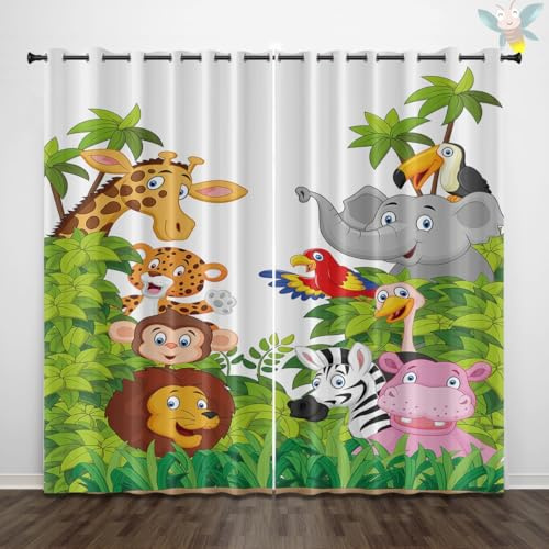 Jungle Animals Kids Blackout Curtains Cartoon Animals for Boy Girl Bedroom Curtains White for Living Room Bedroom Kitchen Blackout Thermal Soundproof 2 Piece Pack 46 X 54 in