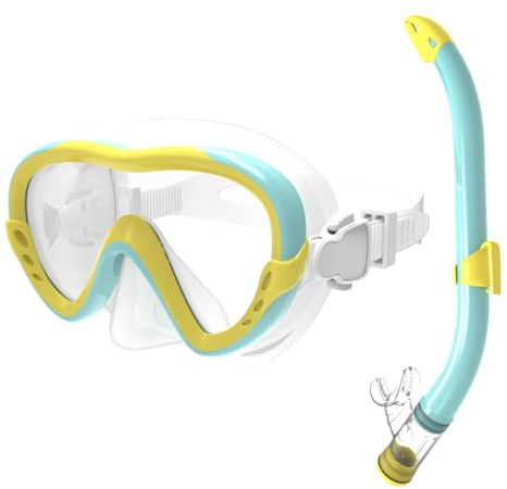 Set da snorkeling per bambini, maschera anti-perdita, in silicone, anti-appannamento, maschera subacquea, boccaglio, materiale in silicone, per ragazzi e ragazze (Tropical Islands – verde/giallo)