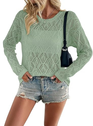 Allimy Women's Cute Light Weight Crochet Knit Thin Pullover Boho Beach Summer Sweater Casual Long Sleeve Tops Shirts Spring Sweaters for Women Trendy 2026 Lightweight Green L