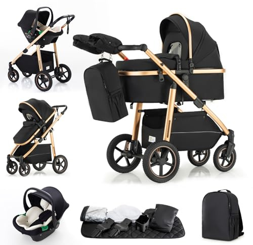 Zkipm Baby Stroller, Multifunctional Stroller with Seat, 3 in 1 Travel System, Foldable Prams with Backpack, Rain Cover, Mosquito Net, Aluminium Frame, 0-4 Years, Up to 22 kg