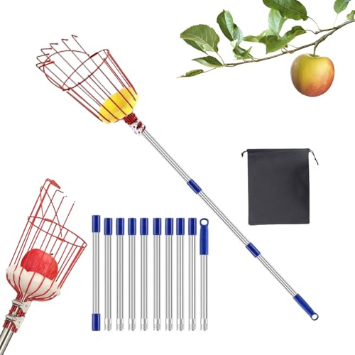 Zegaqae Barra recolectora de frutas con cesta telescópica, recogedor de frutas extensible de 4 m para árboles | de cultivo portátil para recoger naranjas, melocotones, peras, limones, granadas y