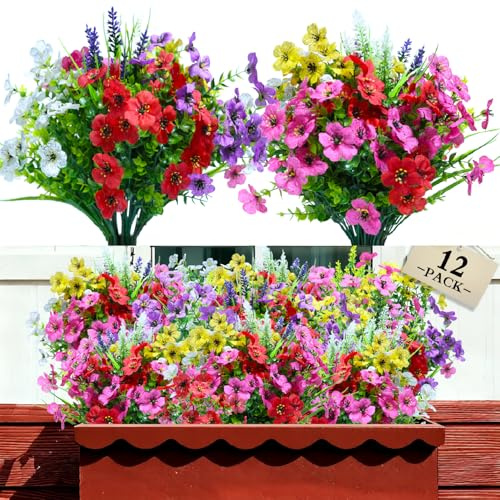 TOARTi 12 Stück Künstliche Pflanzen Kunstblumen für Draußen Balkonblumen Kunstpflanze Innen Plastik Blumen Outdoor Dekoration Faux Kunststoff UV-beständige Blumen für Balkon Gräber und Garten
