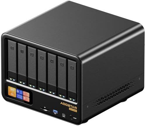 AOOSTAR WTR MAX Mini PC NAS de Bureau 11 Baies, Serveur NAS Ryzen 7 PRO 8845HS 32G DDR5 RAM 1T SSD, 6*2,5/3,5 SATA HDD, 4*M.2 NVMe PCIe 3.0, 2*10GbE, 2*2,5GbE, triple écran 4K, Stockage en réseau