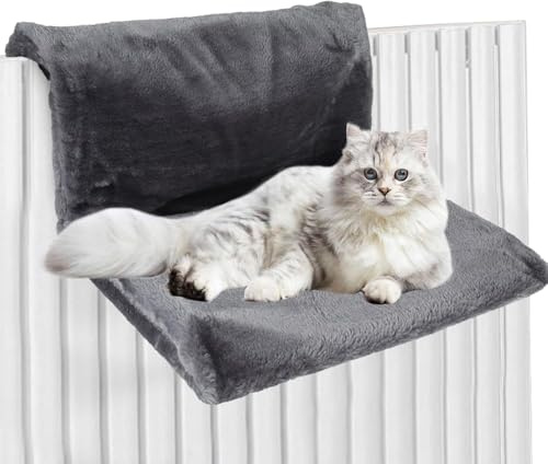 Lit suspendu pour chat - Lit de radiateur pour chat - Lit confortable pour chauffage - Tissu peluche - Hamac pour chauffage - Cadre en métal stable - Tissu en peluche pliable (gris)