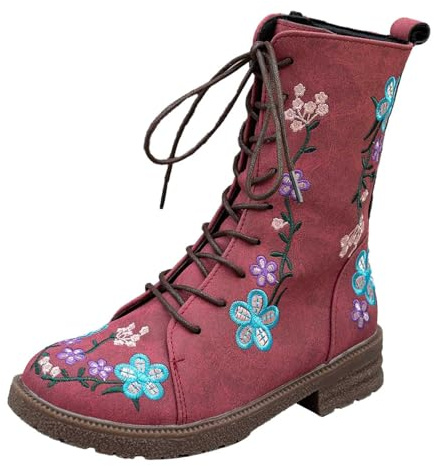 2026 Embroidered Ankle Boots Fashion Lace Up Mid Calf Booties Comfortable Casual Winter Floral Design Footwear (5.5)