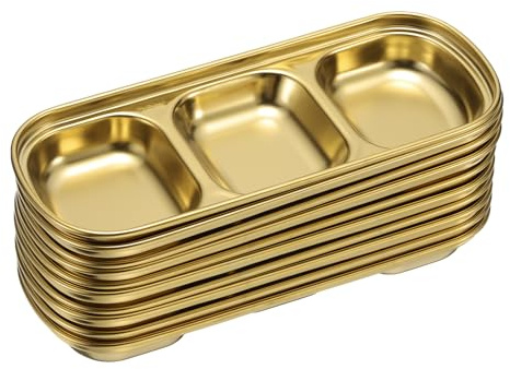 QUARKZMAN 10-pack rostfritt stål dip-skålar med 3 rektangulära uppdelade fack metall kryddskålar för kryddor hem fest restaurang picknick resor guld