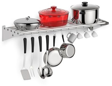 Aptliton Stainless Steel Wall Mounted Pot Rack, 10 Hanging Hooks Pot and Pan Organizer with Side Guards, Heavy Duty 165Lbs Capacity Storage Shelf for Home & Restaurant Kitchen, 36 * 12 inch