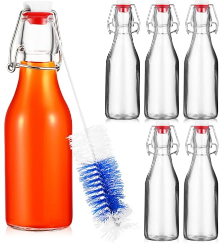 CIYODO Botellas de Vidrio Transparentes 250 Ml con Tapa Abatible y Hebilla Antifugas, Set de 6 Unidades con Cepillo de Limpieza, Botellas para Bebida y Jugo, Ideales para Picnic y Uso