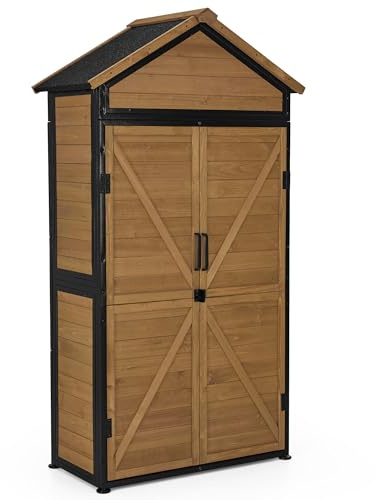 M MCombo Gartenschrank Gartenhaus Holz Metgallgestell Wetterfest, Gerätehaus Outdoor, für Außenbereich Garten Terrasse, Geräteschuppen, 2736 (Natur)