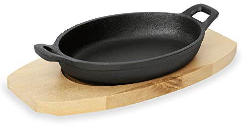 WAS 3536 180 Serie 201 Gusseisen Servierpfanne mit Holzuntersetzer, 18.0cm x 12.0cm x 3.2cm