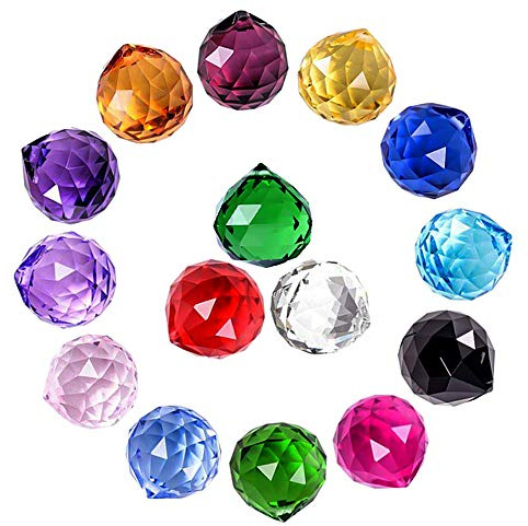 MerryNine Gemischte Bunte Kristallkugel-Prisma mit gebohrtem Loch, Sonnenfänger, Regenbogen-Anhänger, hängende Kristalle, Prismen für Fenster, für Feng Shui, als Geschenk (PrismBall-30 mm, bunt) | Regenbogen-Anhänger-Hersteller, Kristallperlen, für Feng Shui, Heimdekoration, Innenfenster, Geschenk, DIY, 15 Stück