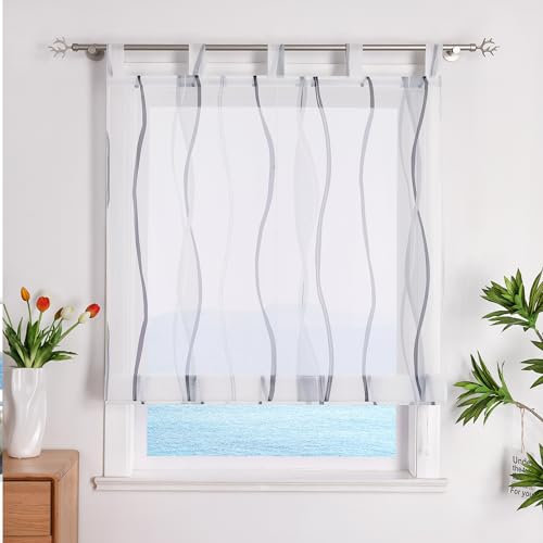 ESLIR Raffrollo mit Schlaufen Gardinen Küche Raffgardinen Transparent Schlaufenrollo Vorhänge Mit Wellen-Druck Modern Voile Grau BxH 80x140cm 1 Stück
