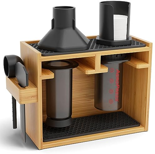 Hexnub Aeropress Organizer Premium Bamboo Stand Kaffedose Station für Aeropress Coffe Maker Filter, Tassen und Accessoires mit hochwärtiger Silikon Tropf Matte (Schwarz) | Handgefertigter Kaffee-Caddy mit Filterhalter, Tassen-Aufbewahrungsregal, Zubehörstation und Silikon-Tropfmatten