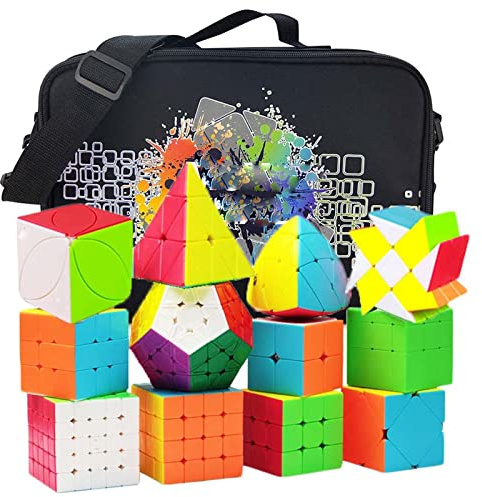 HJXDtech 12 Pack Stickerless Speed Cube Set mit spezieller Aufbewahrungstasche, Professionelle WCA Competition Zauberwürfel Arten 2x2 3x3 4x4 5x5 Pyraminx Megaminx Skewb SQ1 Würfel Puzzle Spielzeug