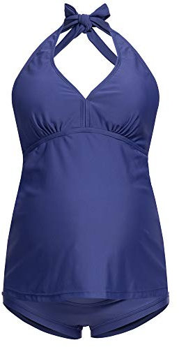 Herzmutter Neckholder - Halterneck Tankini för Moderskap - Tvådelad Baddräkt För Gravida Kvinnor - Moderskap Badkläder Set - Överbyxor - Trendiga mönster - UV 50-skydd - 7100 (L, Blå)