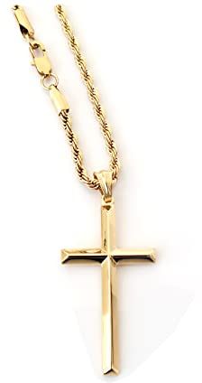 Lifetime Bling 14ct Rope Gold Chain Cross Pendant Necklace for MEN, HUSBAND thin 14k Diamond cut w/real strong Solid Clasp Religious Beveled Edge
