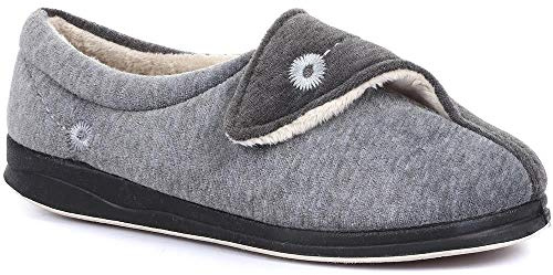 Pavers Womens Wide Fit Adjustable Slippers in Grey - Comfortable Antibacterial Slippers - Touch Fastening & Cushioned Insole for Everyday Comfort - UK Size 6