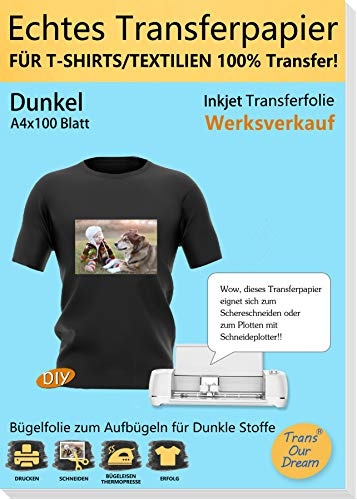 TransOurDream Äkta bläckstråleskrivare transferpapper för mörka textilier A4X100 ark, för bläckstråleskrivare för mörka t-shirts, tryckbar strykfolie (3–100)