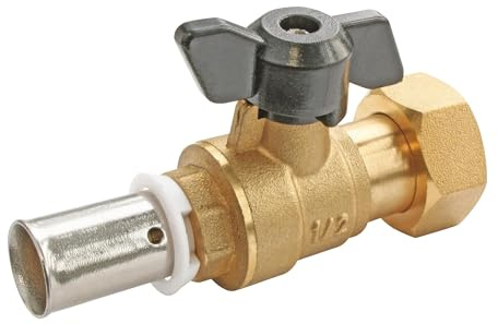 SOMATHERM FOR YOU, Mini vanne à sphère à sertir pour tube PER Ø12 mm, sortie femelle 15/21 (1/2), compatible chauffage et sanitaire, écrou tournant, eau chaude/froide | Isolez facilement chaque sortie de votre collecteur grâce à cette mini-vanne en laiton brut.