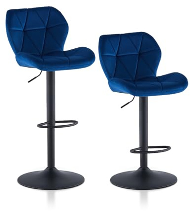 TUKAILAI Barhocker 2er Set aus Samt, Barstuhl Höhenverstellbar，Gepolsterter Drehhocker Tresenhocker, Küchenhocker mit Rückenlehne Fußstütze Metallrahmen, Hocker Drehbar für Küchen Bars, Blau