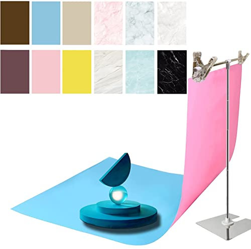 6PZ 12Patterns Doppelseitige Fotografie Hintergrund Papier Mit Ständer, Wasserdicht Wiederverwendbare 34x23in Fototapeten für Lebensmittelschmuck Kosmetik Make-up (Blaue Rosa Gelb)