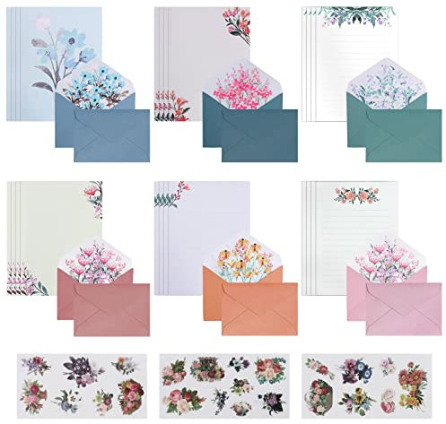 Briefpapier Briefumschlag Set, 24 Briefbögen und 12 Umschläge, Vintage Floral Briefpapier und Aufkleber, Briefbögen und Umschläge für Einladungen (6 Styles)