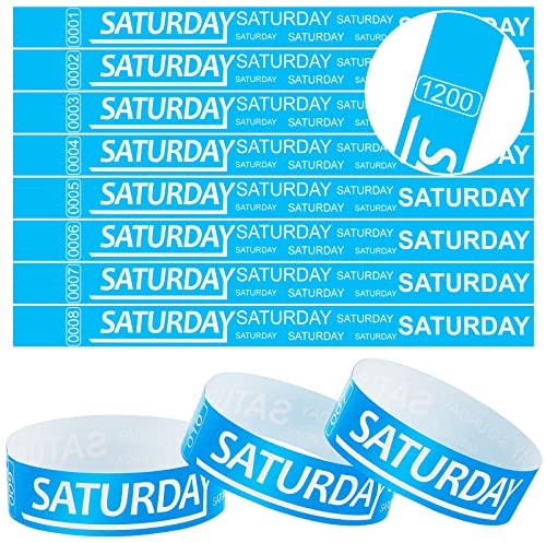 Henoyso 1200 Pcs Paper Wristbands Event Wristbands Numbered Waterproof Wrist Bands for Events Day of The Week Paper Bracelets Wrist Bands for Adult Concert Festival Party (Blue,Saturday)