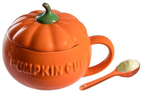 DOITOOL Niedliche Kürbis-Tasse Keramik Kaffeetasse mit Deckel und Löffel, Halloween Kürbis Milchsuppe (Orange)