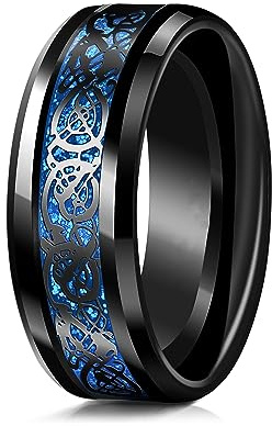 GAUEIOUR Tungsten Carbide Ring,Black Celtic Dragon Titanium Ring, Blue Carbon Fiber Inlay, Exquisite Jewelry, Suitable for Both Men and Women, Jewelry Gift (Size 7)