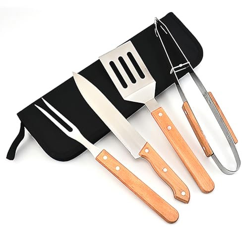 Edelstahl Grillbesteck Set mit Holzgriffen