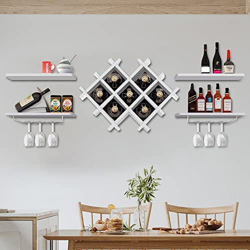 Modernes Wandbierregal mit 4 Regalen, hochwertiges Holz-Weinregal Hanging Wine Shelf, Wandmontage Flaschenglashalter Regale Kreative Wand hängender Halter für Küche, Bar und Esszimmer Halle (Weiß)
