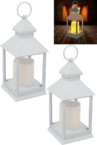 2x LED Laterne mit Kerze Windlicht Flammeneffekt Beleuchtung Outdoor geeignet Timerfunktion Batteriebetrieben Höhe 27cm weiß