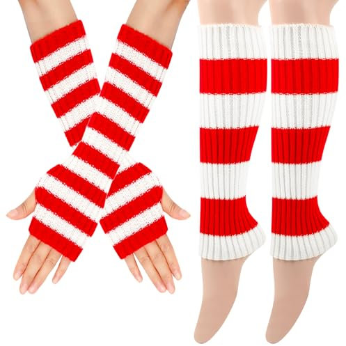 BOFUNX Rot Weiß Gestreift Armstulpen Beinstulpen Winter Gestrickt Handstulpen Beinwärmer für Mädchen Frauen Fasching Karneval Kostüm Accessoires