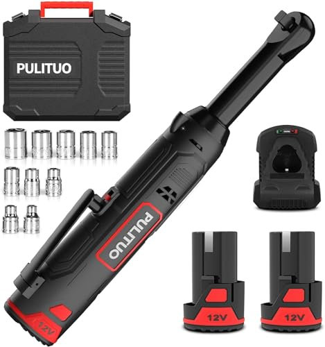 PULITUO 12V 3/8 Chiave a cricchetto elettrica a collo lungo, Chiave a Cricchetto a Batteria estesa Set da 40Ft-lbs con batterie 2x2.0Ah e carica rapida, velocità variabile da 300 RPM con 10 bussole