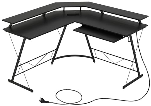 LIFEZEAL L-formad hörnskrivbord, 2 datordörr, skrivbord med laddningsstation, skärmhållare, tangentbordsfack, hörlurskrok, arbetsstation, (svart)
