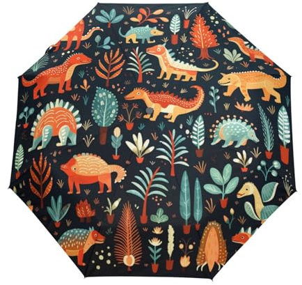 KAAVIYO Schwarzer Dinosaurier Tierbaum Regenschirm Auf-Zu Automatik Taschenschirm Winddichter Umbrella Klein Leicht Schirm Kompakt Schirme für Jungen Mädchen Reise Strand Frauen