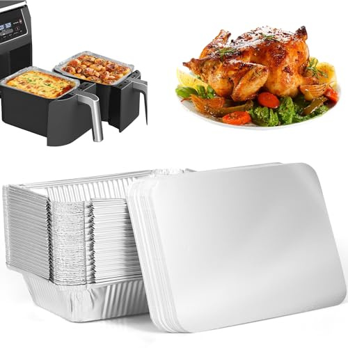 Eummy Paquete de 50 bandejas de aluminio con tapas de 22 x 16 cm, bandeja de aluminio antiadherente para freidoras de aire, sartenes rectangulares para freidora de aire, horno, cocina
