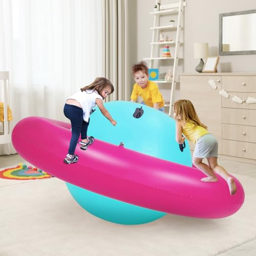 GYMAX 88'' Inflatable Dome Rocker Bouncer, Giant Inflatable Rocking Planet with 6 Handles, Indoor Outdoor Large Blow Up Rocking Ball for 5 Years Old+ Boys Girls, Max Weight 113kg (Pink+Green)