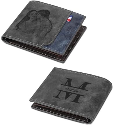 Kaululu Cartera Personalizada para Hombre con Foto, Grabado Alfabeto y Nombres - Cartera con Cremallera y Tarjetero ID - Efectivo - Para Papá o Marido