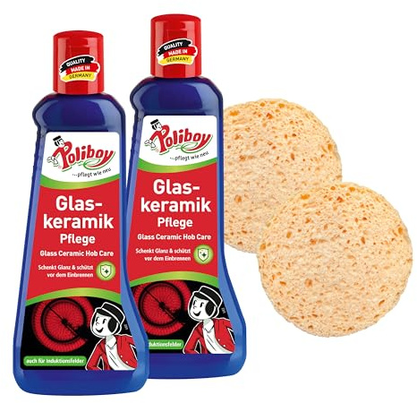 POLIBOY glaskeramikvård – keramisk vård med brännskydd – hällrenare för glaskeramik – 2 x 200 ml – med svamp – tillverkad i Tyskland