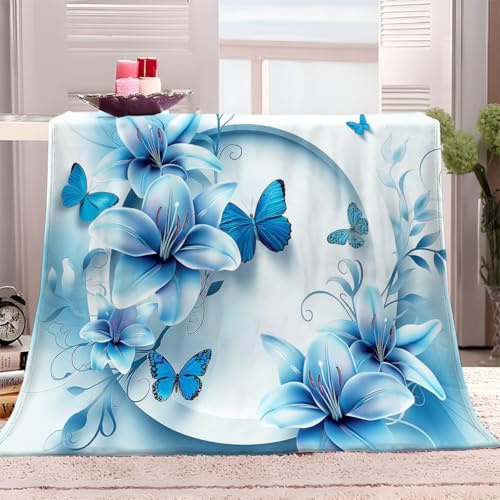 XCQHZYQ Kuscheldecke für Kinder Blauer Lilienschmetterling 150x200 cm Decke Fleecedecke Sofadecke Kinderdecke, Superweiche Flanell Wohndecke Geschenke für Jungen Mädchen