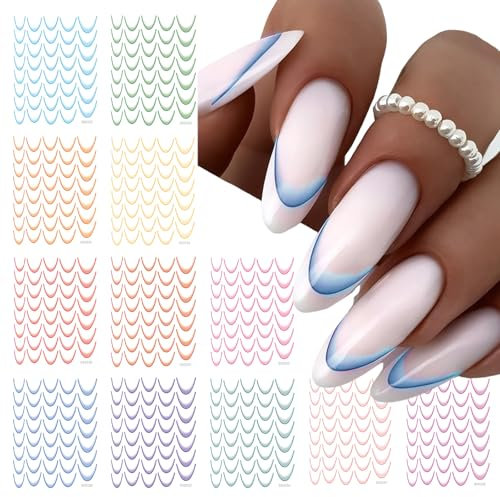 12 Blätter French Sticker Nägel,Farbverlauf French Tips Nail Sticker,French Line Nagelaufkleber,Farbverlauf-Nagelkunst-Designaufkleber,Selbstklebende Nagelaufkleber (Mehrfarbig)