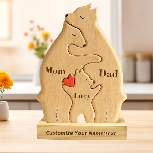 Personalized Wooden Bear Puzzle with 2-7 Family Name Custom Family Name Sculpture, Personalised Gifts for Mom Dad Kids Grandma Mother’s Day, Birthdays Anniversary (1PCS)