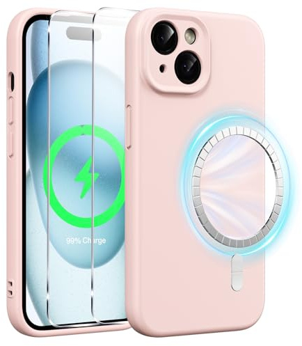 Xiltlly Coque Magnétique en Silicone Liquide pour iPhone 15 6,1 Pouces avec 2 Pièces Verre Trempé, Compatible avec MagSafe Aimants Intégrés, Étui Housse Antichoc Anti-Rayures Case pour iPhone 15, Rose